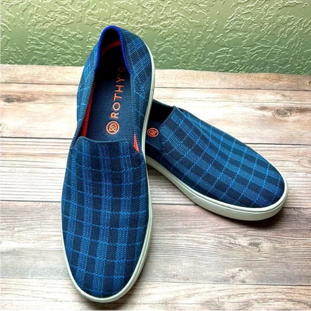Rothy’s women’s blue plaid slip on sneakers size 8 EUC